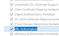 Screenshot che mostra l'opzione U R L Authorization selezionata per Windows Server 2012.