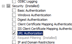 Screenshot che mostra l'opzione U R L Authorization selezionata per Windows Server 2008.