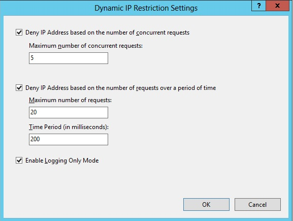 Screenshot che mostra la finestra di dialogo Dynamic I P Restrictions Settings con Deny I P Address in base al numero di richieste simultanee selezionate.