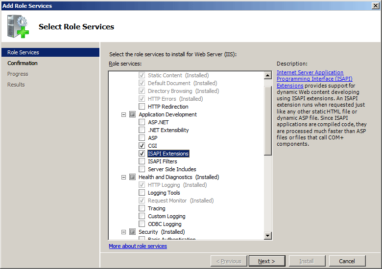 Screenshot della procedura guidata Seleziona servizi ruolo che mostra l'opzione I S A P Extensions evidenziata e selezionata.