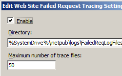 Immagine della finestra di dialogo Modifica impostazioni traccia richieste non riuscite del sito Web con il comando che popola il campo Directory e il numero massimo di file di traccia visualizzati.