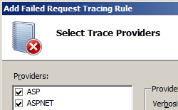 Screenshot della pagina Seleziona provider di traccia che mostra L'opzione A P e A S P NET selezionata in Livelli di dettaglio.