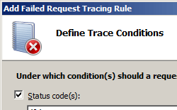 Screenshot della pagina Definisci condizione di traccia con la casella Codici di stato selezionata e popolata con il codice.