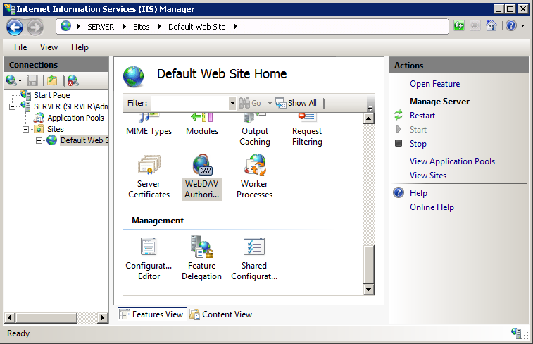 Screenshot che mostra il riquadro Gestione Internet Information Services. WebDAV Authoring Rules (Regole di creazione WebDAV) è selezionato nel riquadro Home del sito Web predefinito.