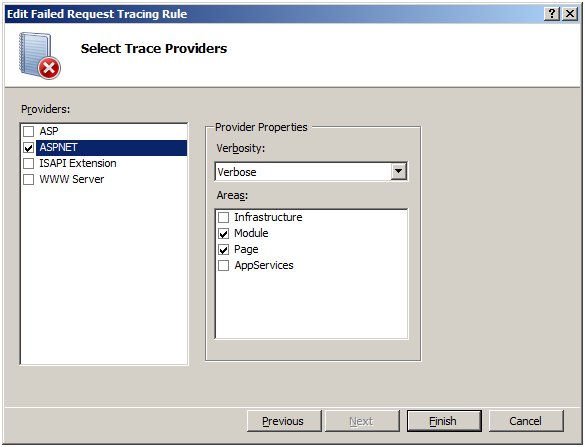 Screenshot della schermata Seleziona provider di traccia con l'opzione Provider ASPNET evidenziata.