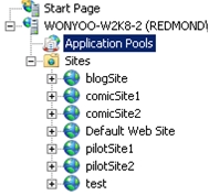 Screenshot che mostra la visualizzazione di spostamento I S Manager con pool di applicazioni selezionata.