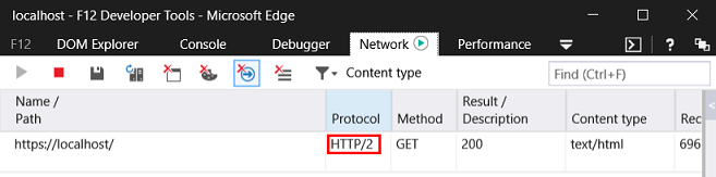 Screenshot del trattino host locale F 12 Developer Tools con scheda Rete visualizzata e H T T P 2 selezionata.