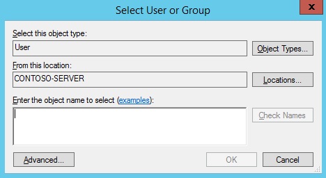 Screenshot della finestra di dialogo Seleziona utente o gruppo. La casella immettere il nome dell'oggetto da selezionare è disponibile nella casella Selezionare il tipo di oggetto e la casella Da questa posizione.