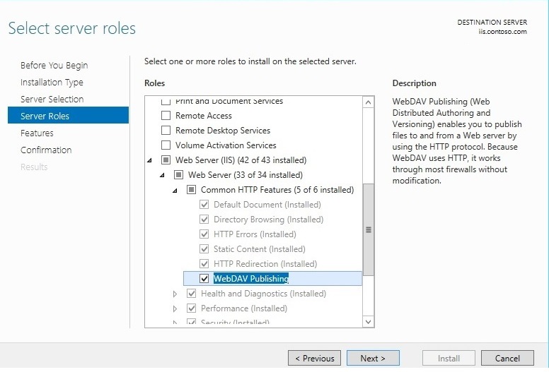 Screenshot che mostra la pubblicazione WEB DAV per Windows Server 2012.