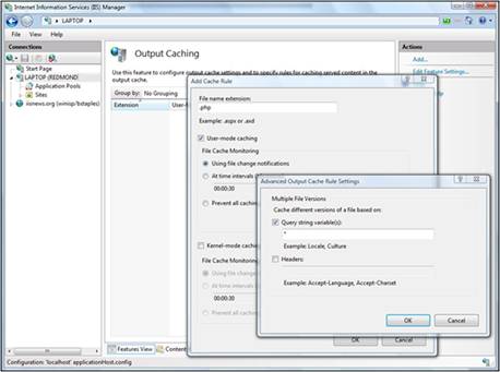 Screenshot della finestra di dialogo Aggiungi regola cache, la pagina Memorizzazione nella cache di output e la regola cache di output avanzata Impostazioni.