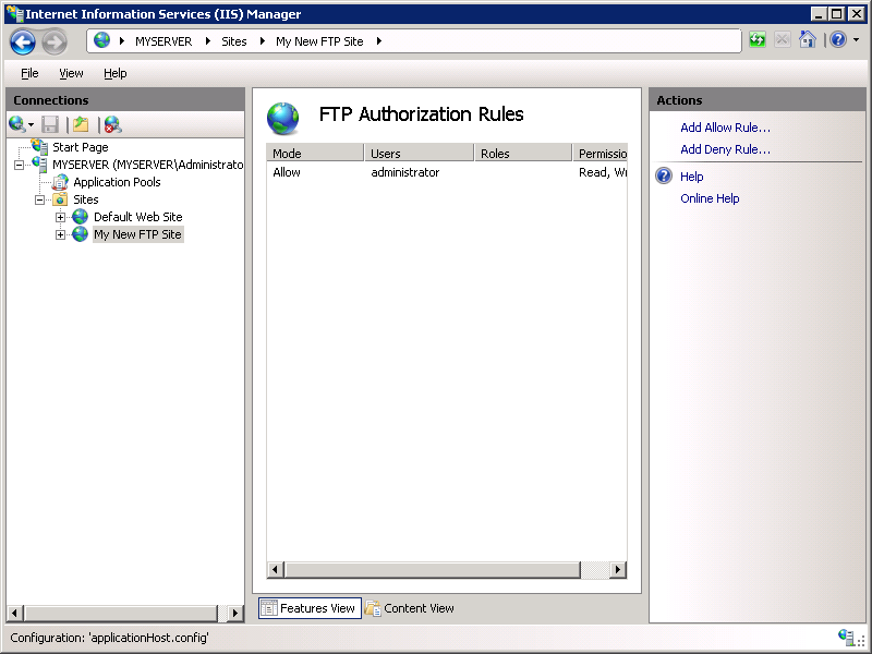 Screenshot della pagina F T P Authorization Rules (Regole di autorizzazione F T P), con lo stato attivo sull'opzione Aggiungi regola consenti nel riquadro Azioni.