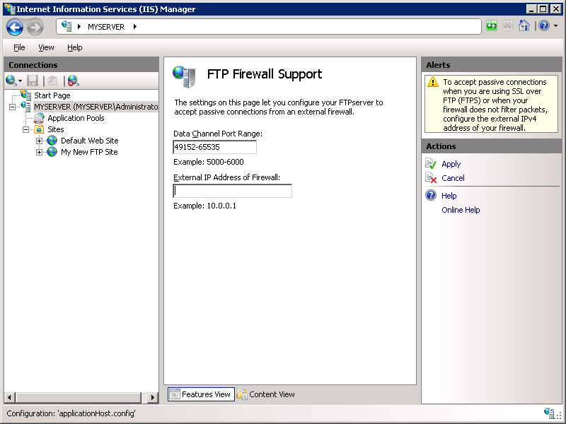 Screenshot che mostra il riquadro Supporto firewall F T P.