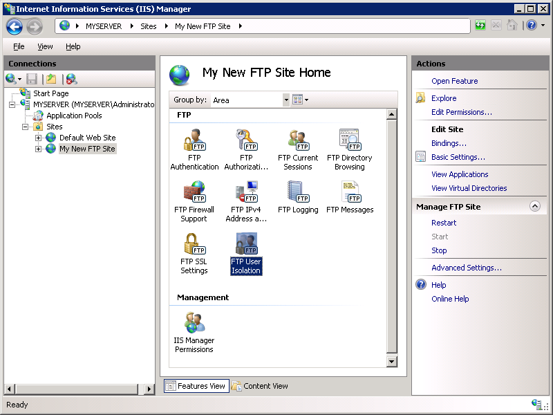 Screenshot della schermata I S Manager della sezione My New F T P Site Home setion con il collegamento F T P User Isolation evidenziato.
