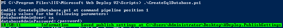 Screenshot di una console di PowerShell con scripting e output della connessione alle impostazioni di pubblicazione esistenti.