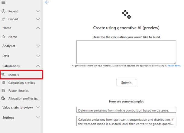 Screenshot showing how to create a calculation model with Copilot in Sustainability Manager.