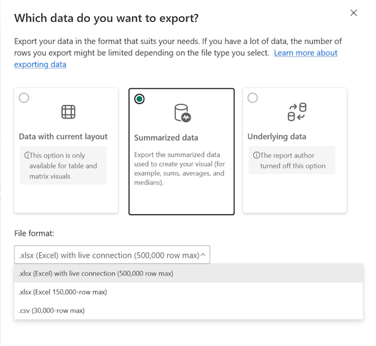 Immagine che mostra il formato dei dati riepilogativi per esportare dati.