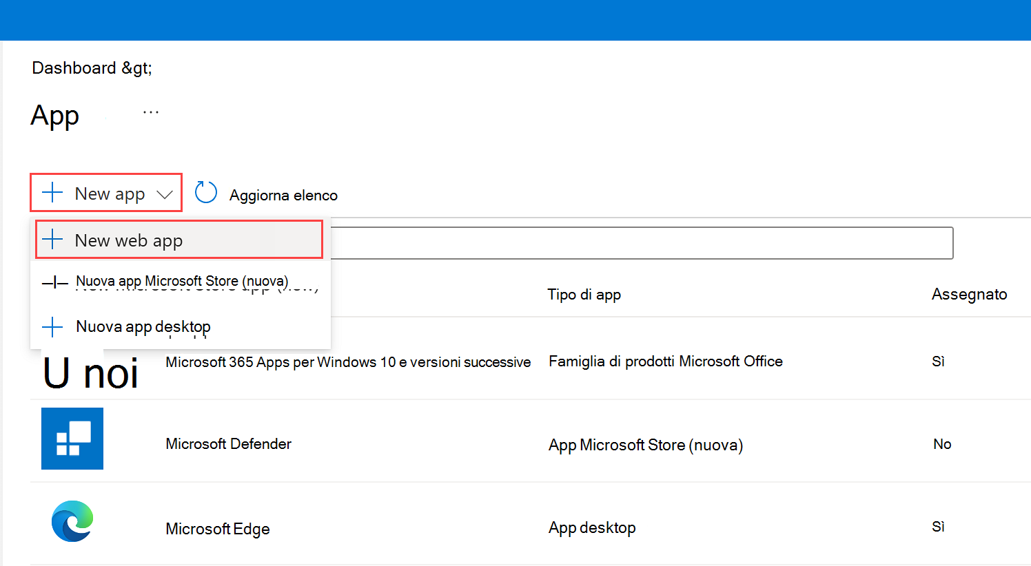 Screenshot della pagina App, evidenziando l'opzione Crea nuova app e l'opzione app Web.