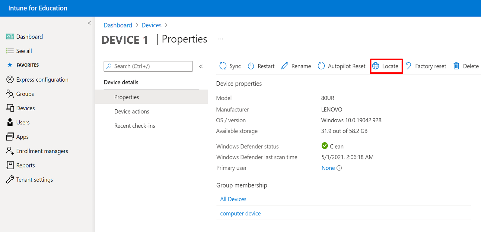 Screenshot della pagina delle proprietà del dispositivo Intune for Education per un dispositivo selezionato, evidenziando la nuova azione Individua nella parte superiore della pagina.