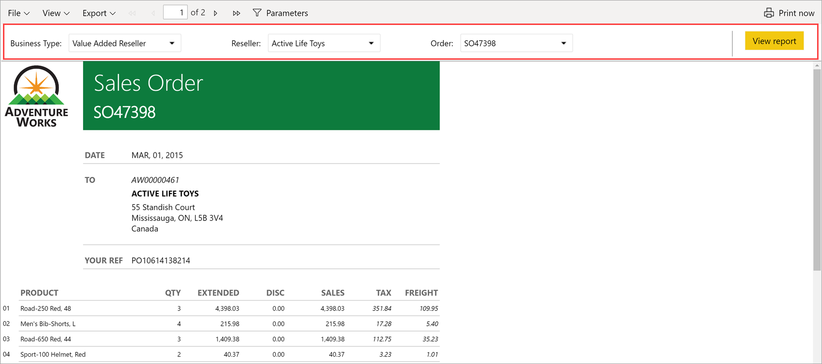 Screenshot che mostra un report impaginato di Power BI incorporato. Il pannello dei parametri si trova vicino alla parte superiore ed è evidenziato in rosso.