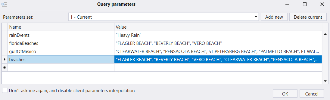 Screenshot della finestra Parametri di query che mostra i parametri definiti.