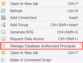 Screenshot del menu a discesa dell'entità. L'opzione Manage Database Authorized Principals (Gestisci entità autorizzate database) è evidenziata.