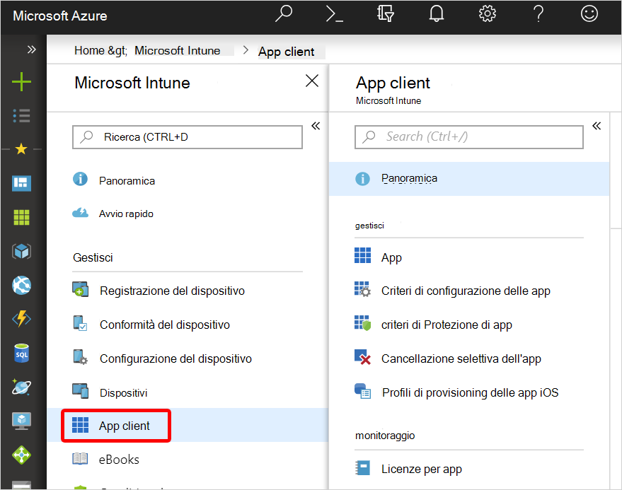 Screenshot delle azioni di accesso alla protezione delle app Intune