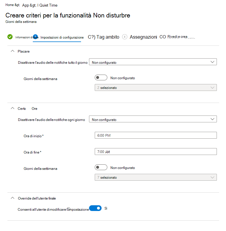 Screenshot del Microsoft Intune tempo di inattività - Configurare i criteri per i giorni della settimana