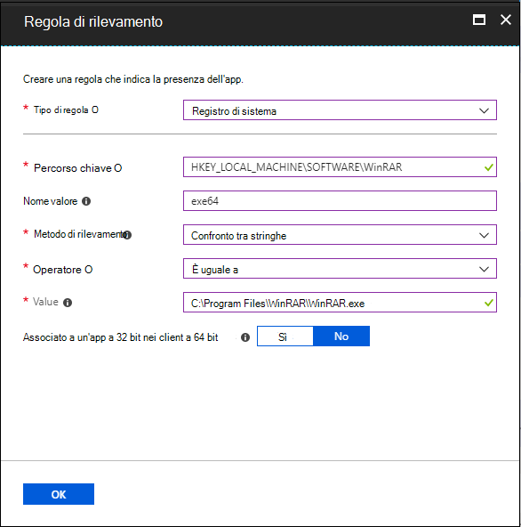 Screenshot del riquadro della regola di rilevamento: la stringa del valore del Registro di sistema è uguale.