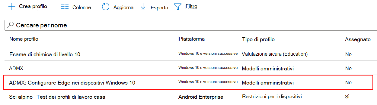 Screenshot dell'impostazione dei criteri ADMX visualizzato nell'elenco dei profili di configurazione del dispositivo in Microsoft Intune e Intune'interfaccia di amministrazione.