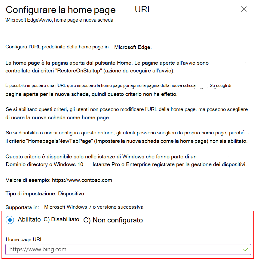 Screenshot di Impostare l'URL della home page di Microsoft Edge su un sito Web usando modelli ADMX in Microsoft Intune e Intune'interfaccia di amministrazione.