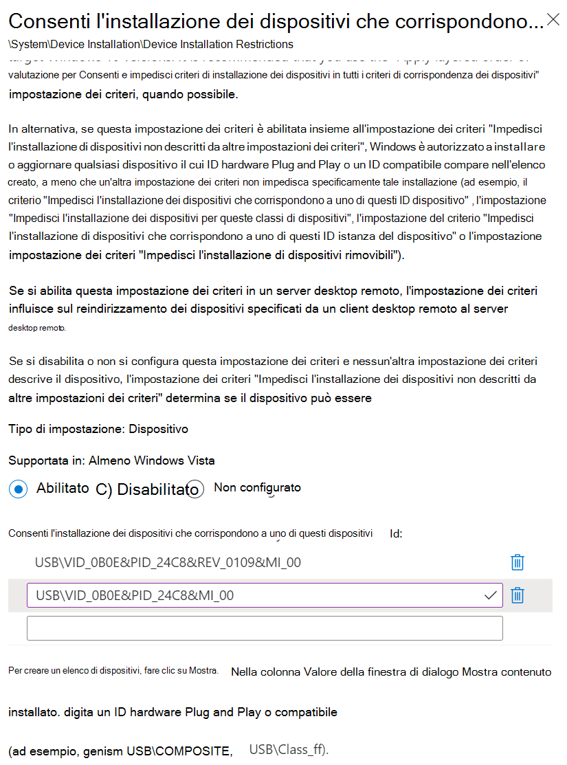 Screenshot che mostra come usare Intune per impostare l'impostazione Consenti installazione dei dispositivi che corrispondono a uno di questi ID dispositivo con gli ID hardware.