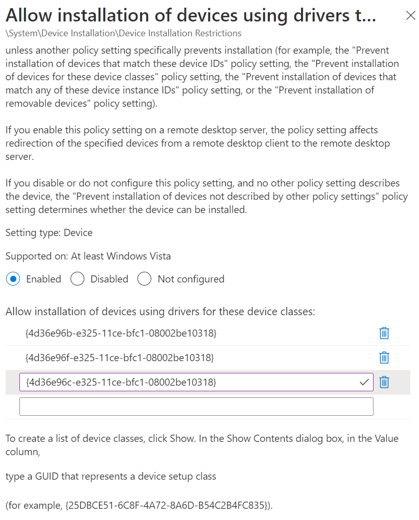 Screenshot che mostra come usare Microsoft Intune per impostare l'impostazione Consenti installazione dei dispositivi usando driver che corrispondono a queste classi di configurazione del dispositivo con i GUID della classe.