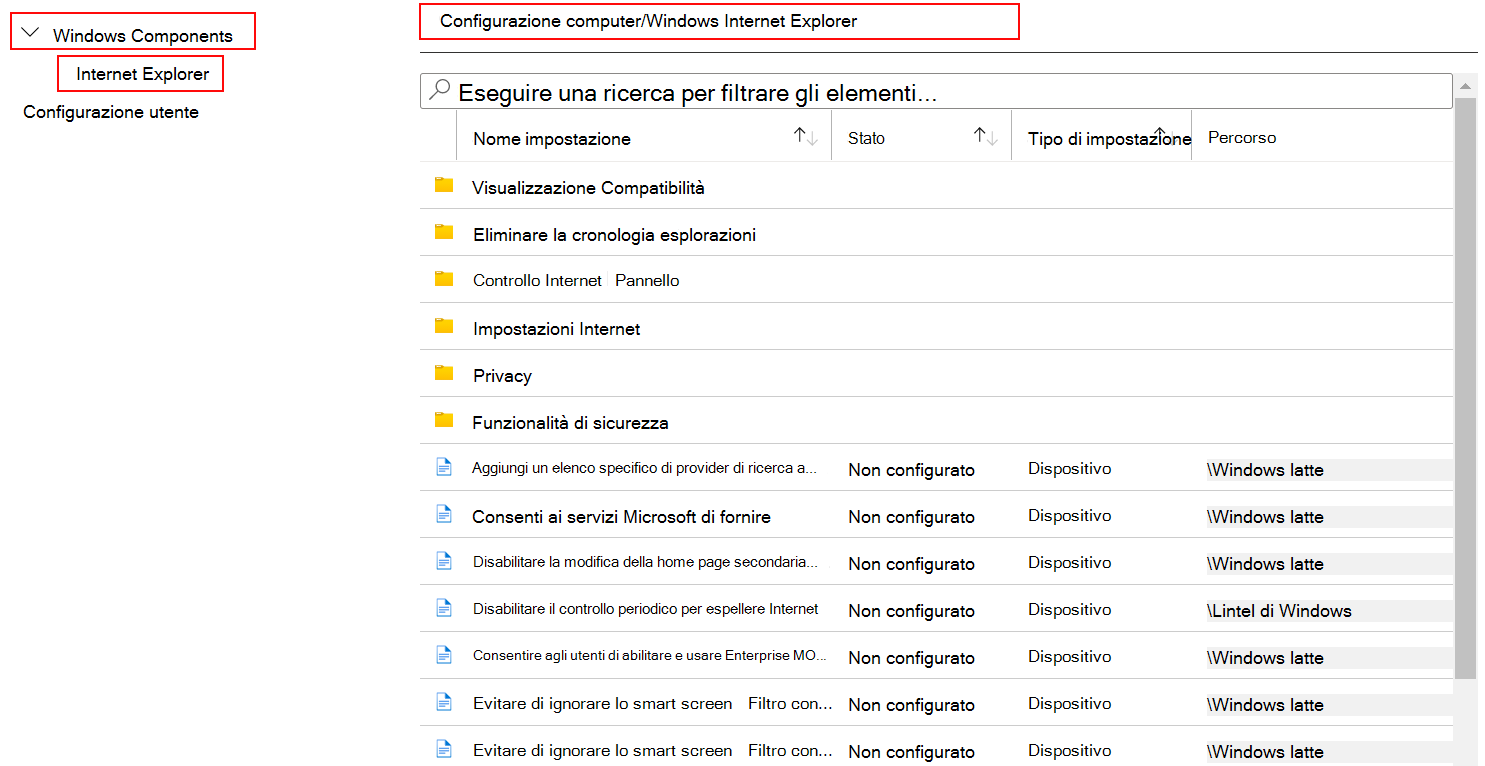 Visualizzare tutte le impostazioni del dispositivo applicabili a Internet Explorer nell'interfaccia di amministrazione di Microsoft Intune e Intune