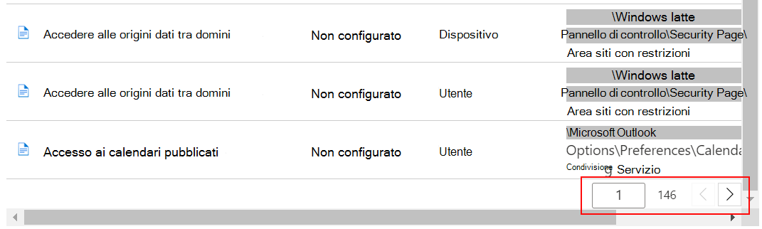 Vedere un elenco di esempio di impostazioni e usare i pulsanti precedente e successivo nell'interfaccia di amministrazione di Intune e in Microsoft Intune.