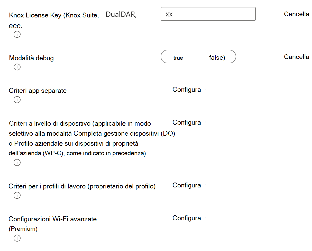 Screenshot che mostra un profilo di configurazione del dispositivo OEMConfig di esempio con i principali gruppi padre o bundle che possono essere configurati in Microsoft Intune.