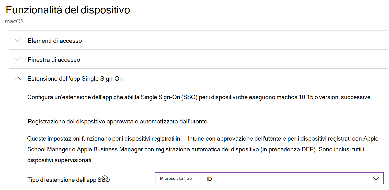 Screenshot che mostra il tipo di estensione dell'app SSO e l'ID Microsoft Entra per macOS in Intune