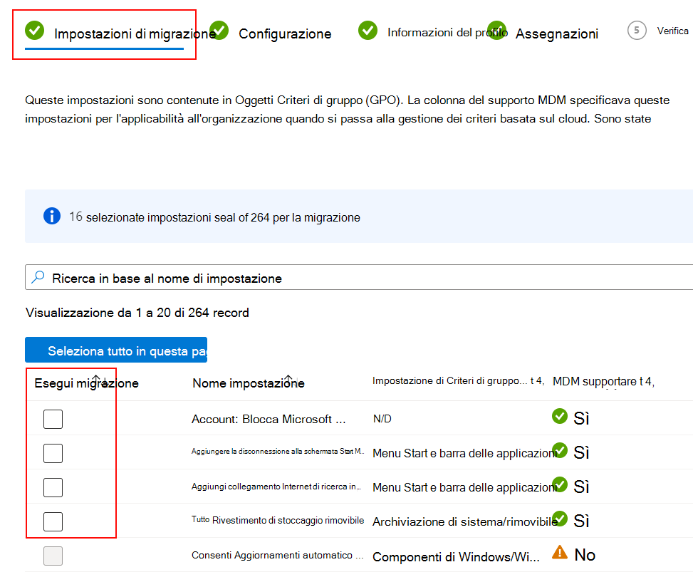 Screenshot che mostra le impostazioni di cui eseguire la migrazione e come selezionare la casella di controllo Esegui migrazione in Microsoft Intune.