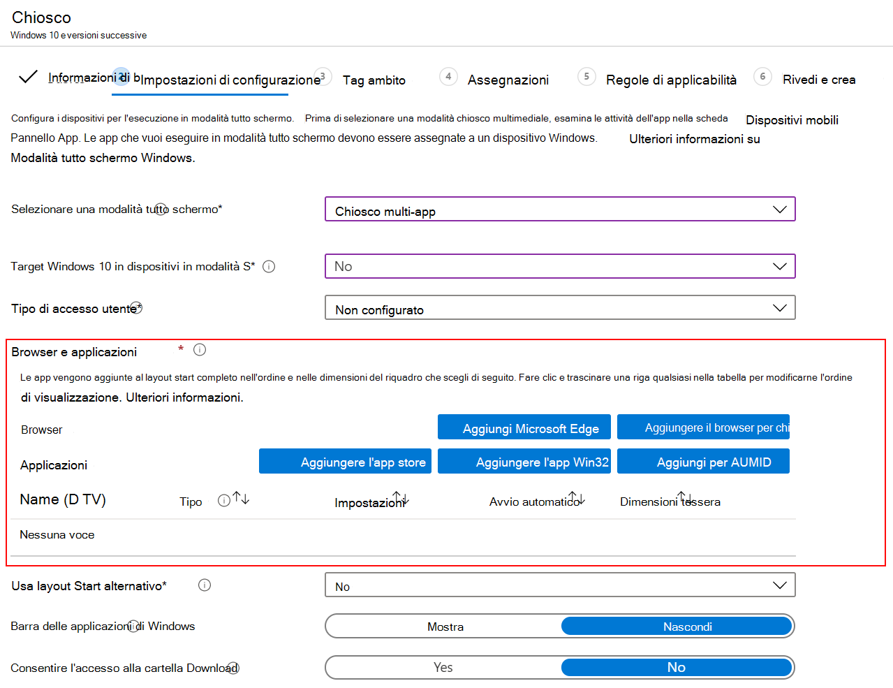 Aggiungere browser o app al profilo chiosco multimediale multi-app in Microsoft Intune.