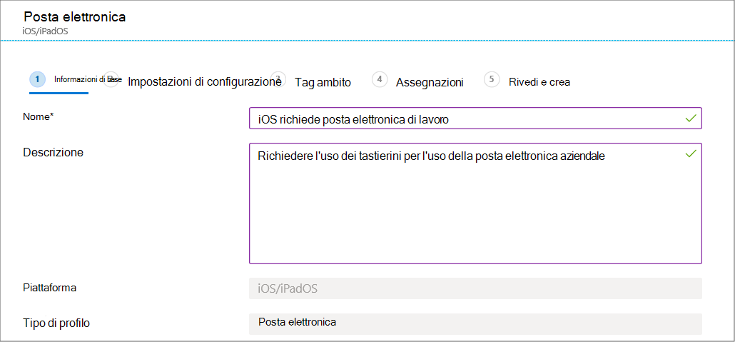 Creare un profilo di configurazione del dispositivo di posta elettronica per i dispositivi iOS/iPadOS nell'interfaccia di amministrazione di Microsoft Intune e Intune.