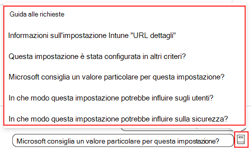 Screenshot che mostra la guida alla richiesta delle impostazioni di Copilot e un elenco dei prompt disponibili nel catalogo delle impostazioni nell'interfaccia di amministrazione di Microsoft Intune e Intune.