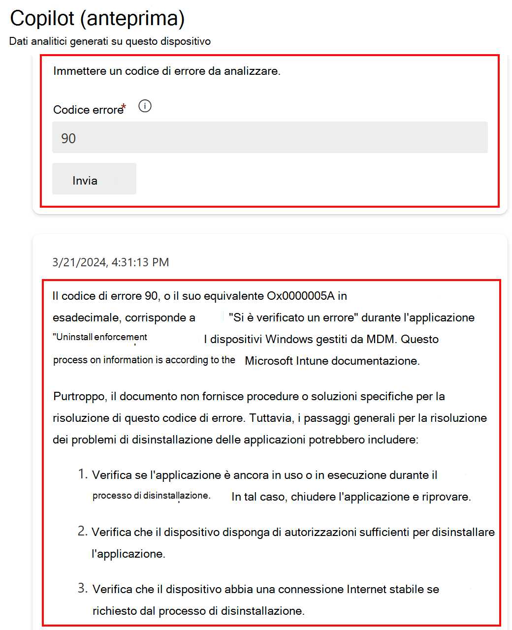 Screenshot che mostra la funzionalità Analizza un codice di errore in Copilot dopo la selezione di un dispositivo in Microsoft Intune o nell'interfaccia di amministrazione di Intune.