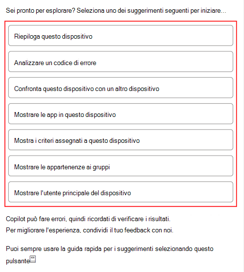 Screenshot che mostra gli esempi di richieste di Copilot che vengono visualizzate dopo la selezione di un dispositivo in Microsoft Intune o nell'interfaccia di amministrazione di Intune.