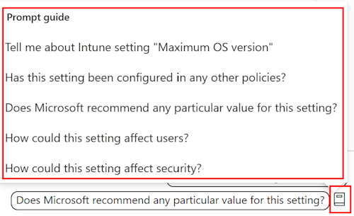 Screenshot che mostra la guida alle richieste di Copilot che viene visualizzata dopo l’aggiunta di un'impostazione in un criterio di conformità in Microsoft Intune e nell'interfaccia di amministrazione di Microsoft Intune.