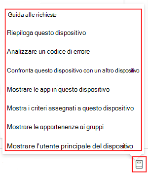 Screenshot che mostra la guida alle richieste di Copilot che viene visualizzata dopo la selezione di qualsiasi dispositivo in Microsoft Intune o nell'interfaccia di amministrazione di Intune.