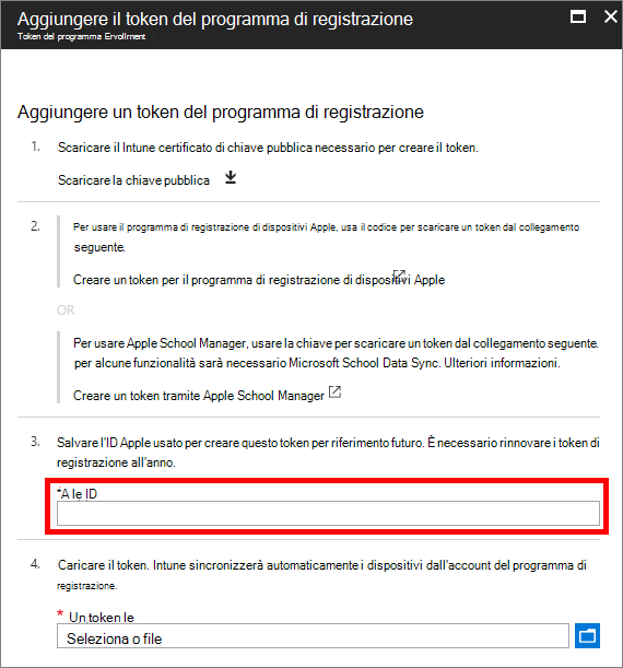 Screenshot di esempio che mostra l'ID Apple usato per creare il token del programma di registrazione e passare al token del programma di registrazione.