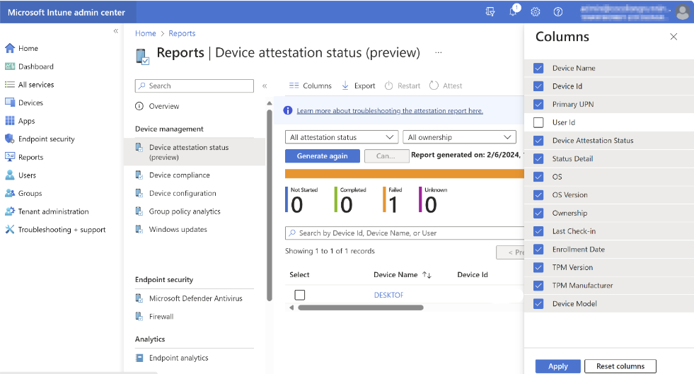 Screenshot del report di attestazione del dispositivo