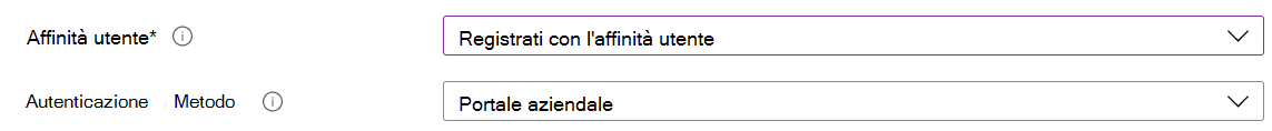 Nell'interfaccia di amministrazione Intune e Microsoft Intune registrare i dispositivi iOS/iPadOS usando la registrazione automatica dei dispositivi (ADE). Selezionare Registra con affinità utente e usare l'app Portale aziendale per l'autenticazione.