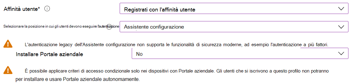 Nell'interfaccia di amministrazione Intune e Microsoft Intune registrare i dispositivi iOS/iPadOS usando Apple Configurator. Selezionare Registra con affinità utente, usare Assistente configurazione per l'autenticazione e non installare l'app Portale aziendale.