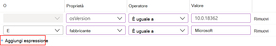 Screenshot che mostra come usare il generatore di regole in Microsoft Intune per creare un filtro di espressione e assegnarlo ai criteri.