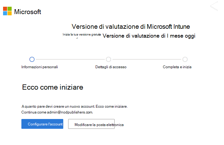 Screenshot della pagina Configura l'account di Microsoft Intune: Configurare l'account